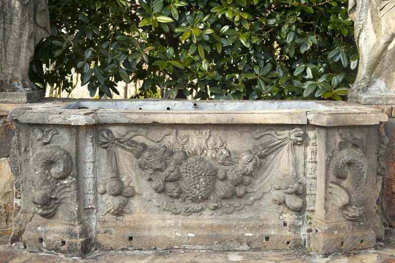 Appraisal: Italian Carved Stone Garden Fountainsarcophagus form sculpted with water nymph