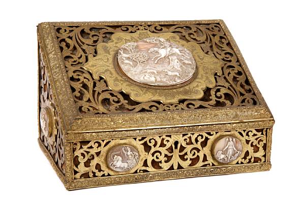 Appraisal: A French gilt bronze and carved cameo mounted stationary box