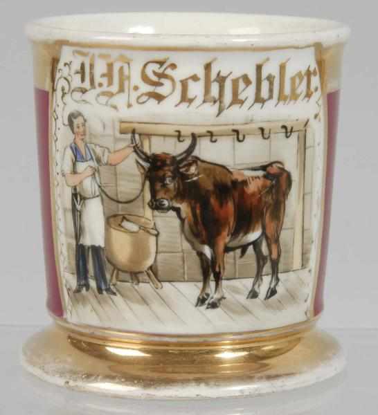 Appraisal: Butcher's Shaving Mug Description Nice image of butcher preparing a