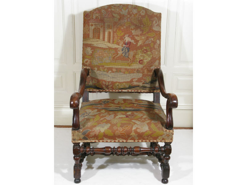 Appraisal: Flemish Open Arm Chair th c walnut shaped crest rail