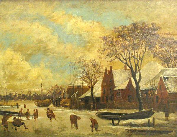 Appraisal: Dutch School th century A winter landscape with figures skating