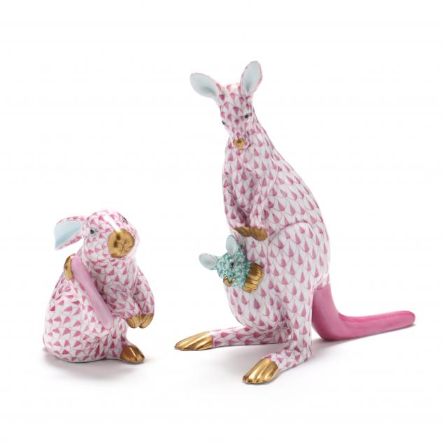 Appraisal: TWO HEREND PORCELAIN ANIMALS Raspberry fishnet Kangaroo with Joey in