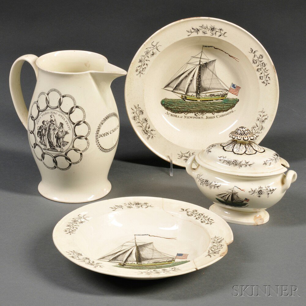 Appraisal: Four Transfer-decorated Creamware Items with Sloop Aurora of Newport England