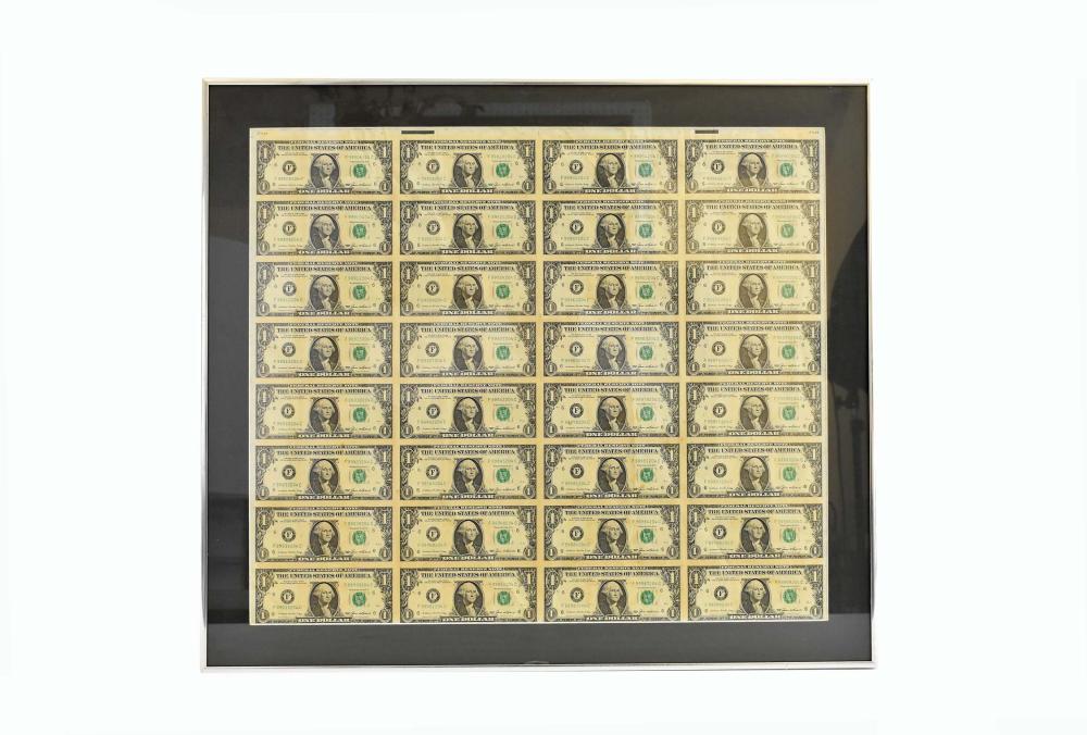 Appraisal: SHEET OF THIRTY-TWO UNCUT ONE DOLLAR BILLSFramed sheet number Sheet