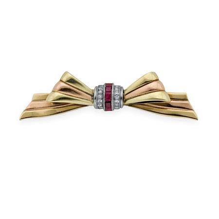 Appraisal: Two-Color Gold Platinum Diamond and Ruby Bow Brooch Estimate -