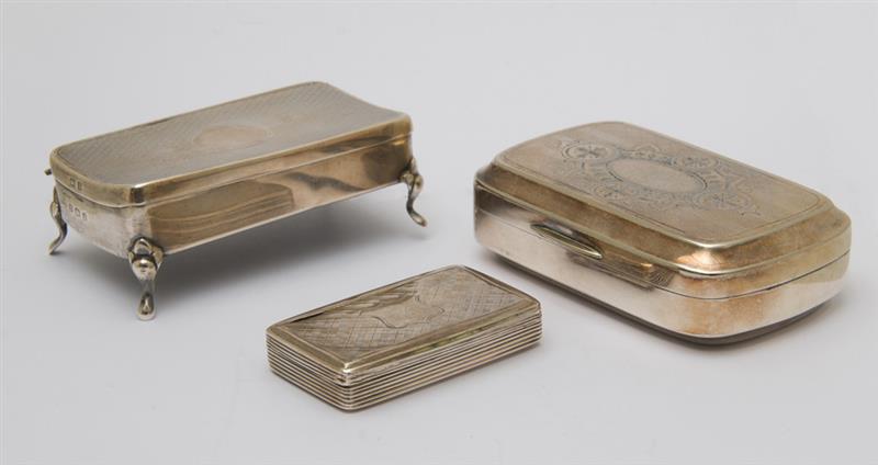 Appraisal: VICTORIAN SILVER SNUFF BOX A CUFFLINK BOX AND A SILVER-PLATED