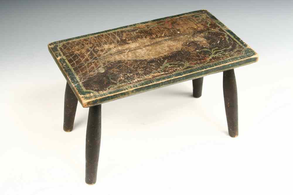 Appraisal: EARLY CRICKET STOOL - Green Painted Slab Top Splayed Leg