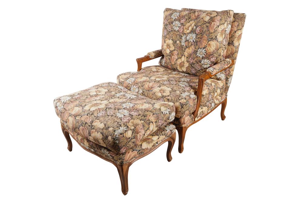 Appraisal: KREISS FLORAL UPHOLSTERED CLUB CHAIR OTTOMANremovable back and seat cushion