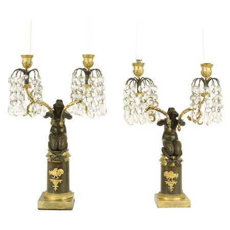 Appraisal: Pair of Louis XVI Style Gilt and Patinated-Bronze Two-Light Candelabra