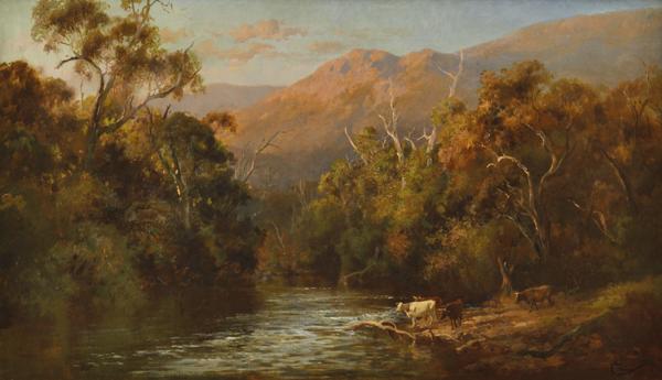 Appraisal: CHARLES ROLANDO - Cattle by the Stream Early Evening oil