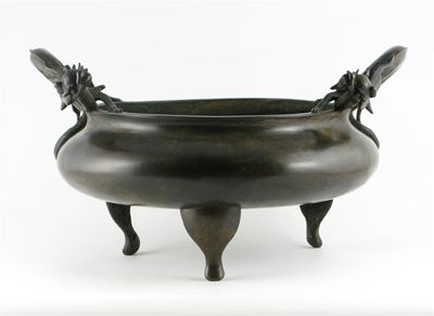 Appraisal: A large bronze tripod censer with dragon handles and a