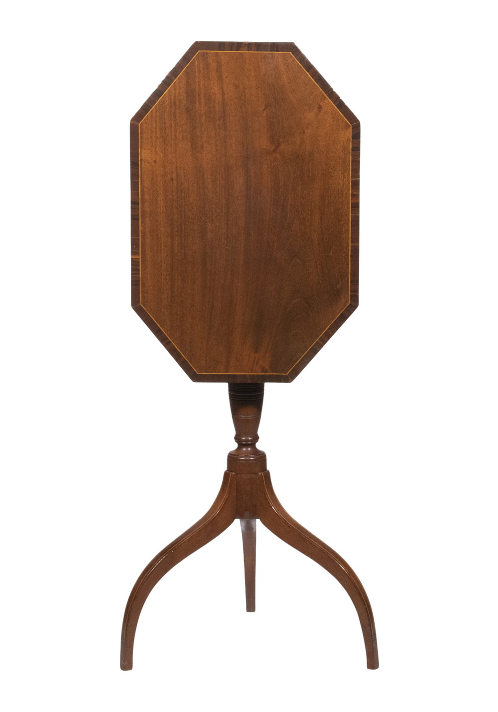 Appraisal: PORTSMOUTH COFFIN TOP CANDLESTAND Hepplewhite Period Inlaid Mahogany Tilt-Top Candlestand