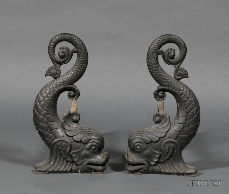 Appraisal: Pair of Regency-style Black Painted and Cast-Iron Dolphin-form Andirons late