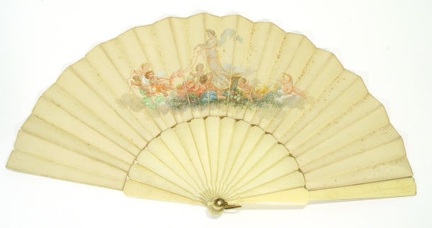 Appraisal: Fan with bone gaurdsticks printed and overpainted with cherubs and