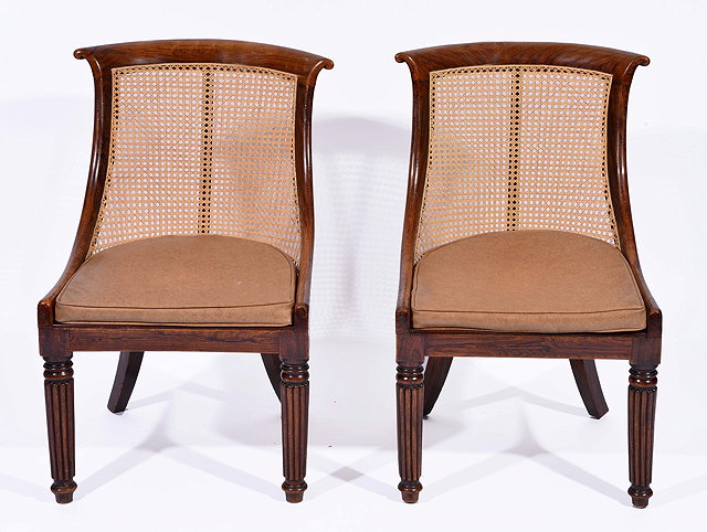 Appraisal: A PAIR OF REGENCY ROSEWOOD BERGERE LIBRARY CHAIRS with caned