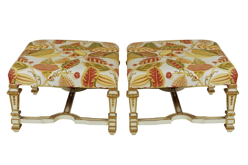 Appraisal: PAIR OF NEOCLASSICAL STYLE BENCHESwhite and gilt-painted wood the square