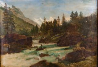 Appraisal: River Mountain Landscape Oil On Canvas Unsigned oil on canvas