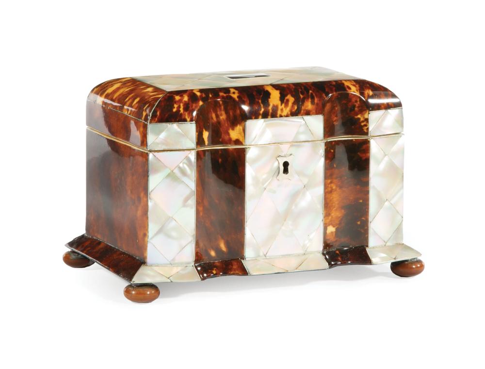 Appraisal: George IV Tortoiseshell and Mother-of-Pearl Serpentine-Front Tea Caddy th c