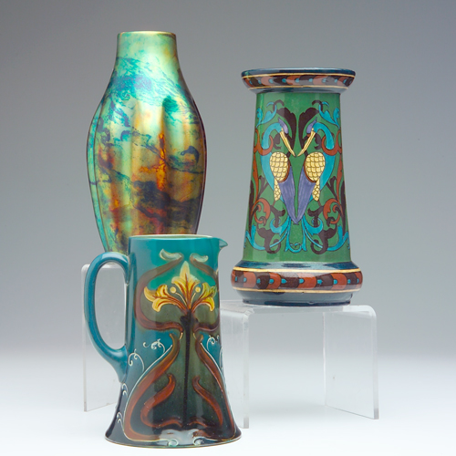 Appraisal: WARDLE ZSOLNAY FOLEY Three European pieces Wardle Art Nouveau pitcher