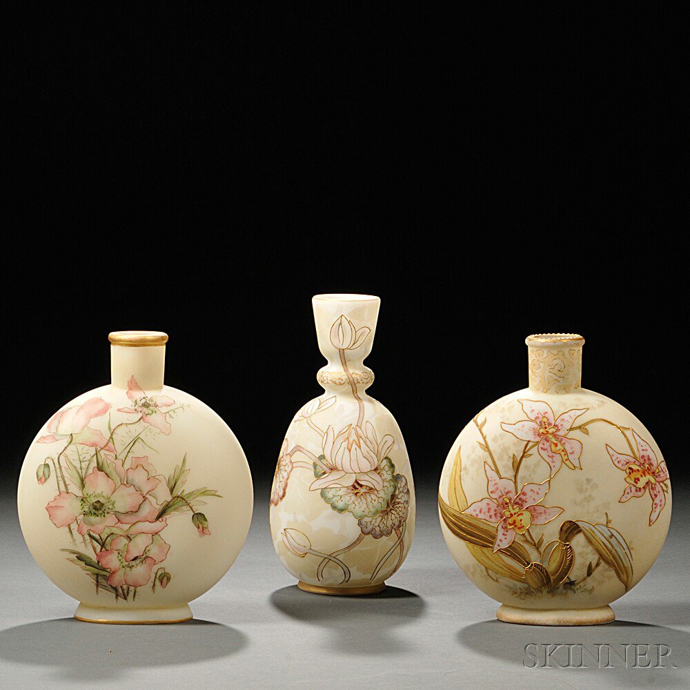 Appraisal: Three Mount Washington Glass Floral Decorated Vases New Bedford late