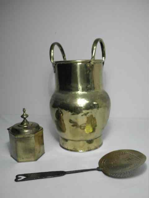 Appraisal: Group lot of three early brass pieces Includes a wrought