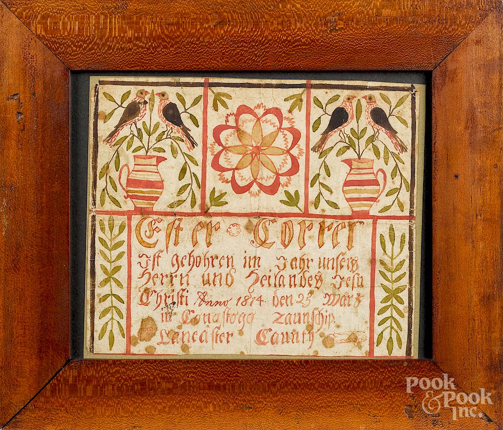 Appraisal: Lancaster Pennsylvania watercolor fraktur Lancaster Pennsylvania watercolor fraktur birth certificate