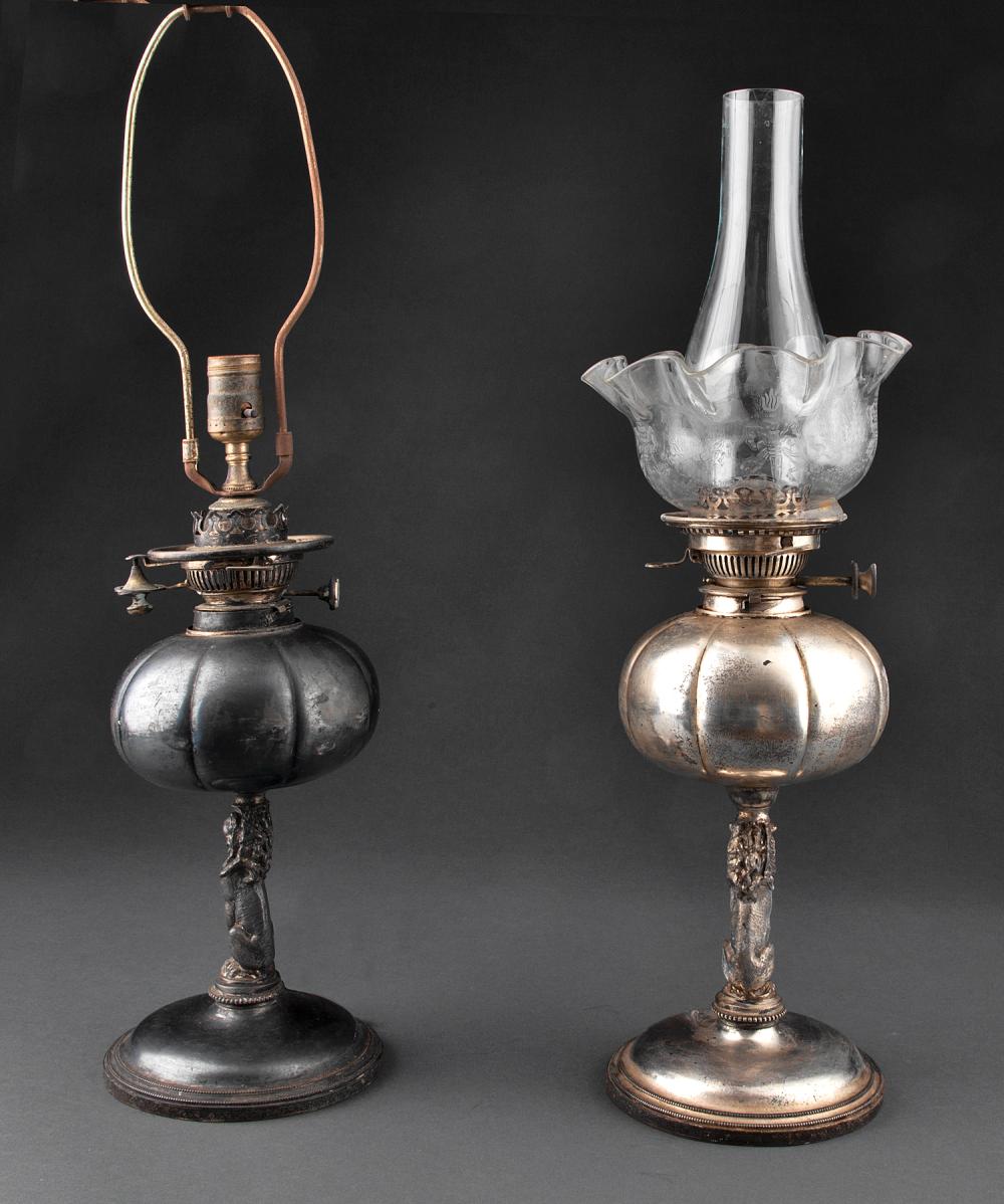 Appraisal: Near Pair of Antique English Silverplate Figural Oil Lamps mid-