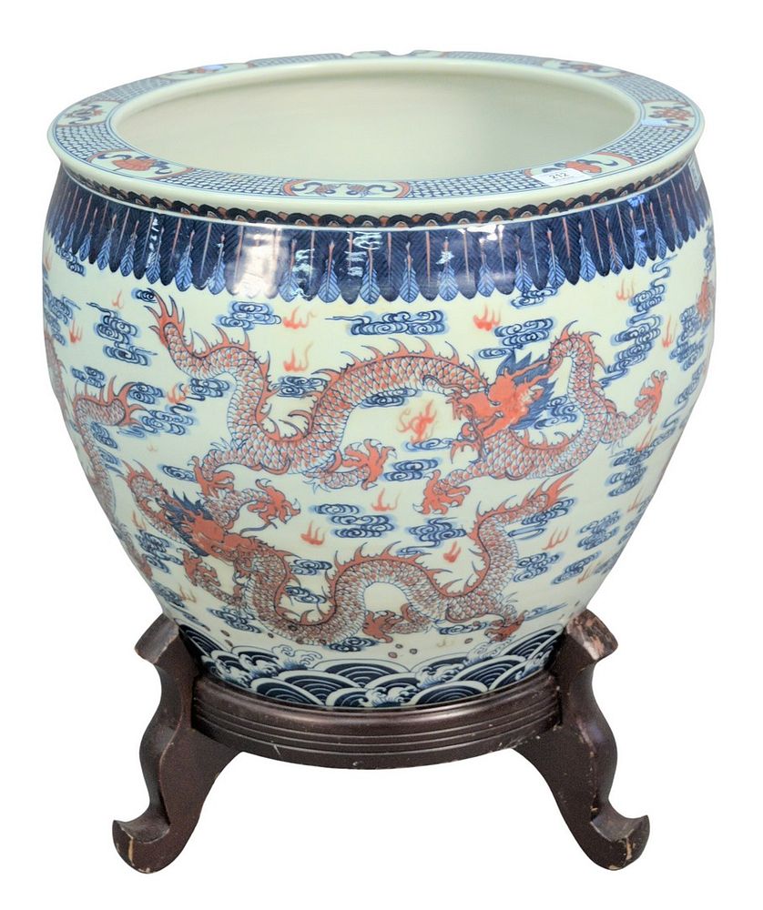 Appraisal: Large Chinese Porcelain Dragon Bowl or Planter on Stand having