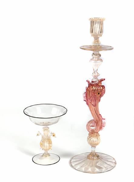 Appraisal: A group of Venetian glass tableware comprising three candlesticks with