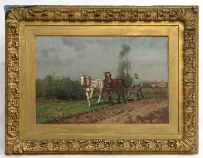 Appraisal: Painting oil on canvas farmer plowing in field signed ''Frank