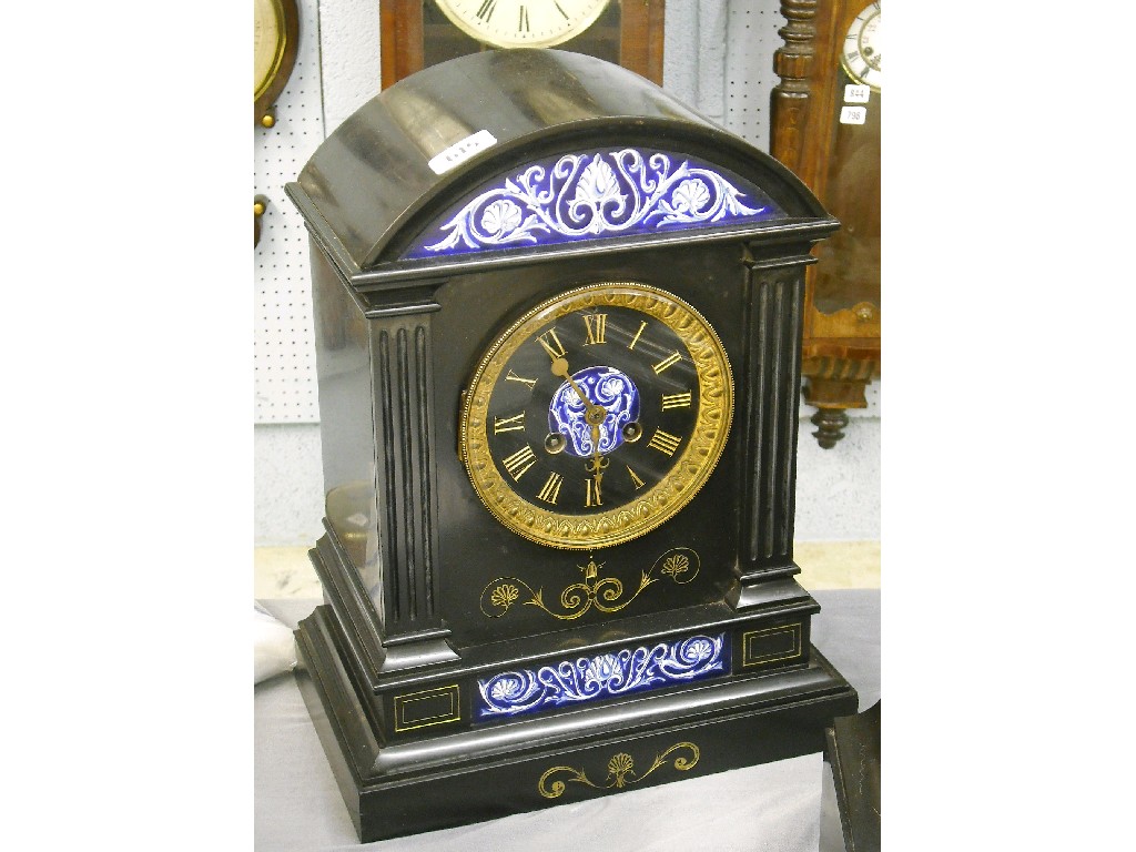 Appraisal: Good black slate and blue enamel two train mantel clock