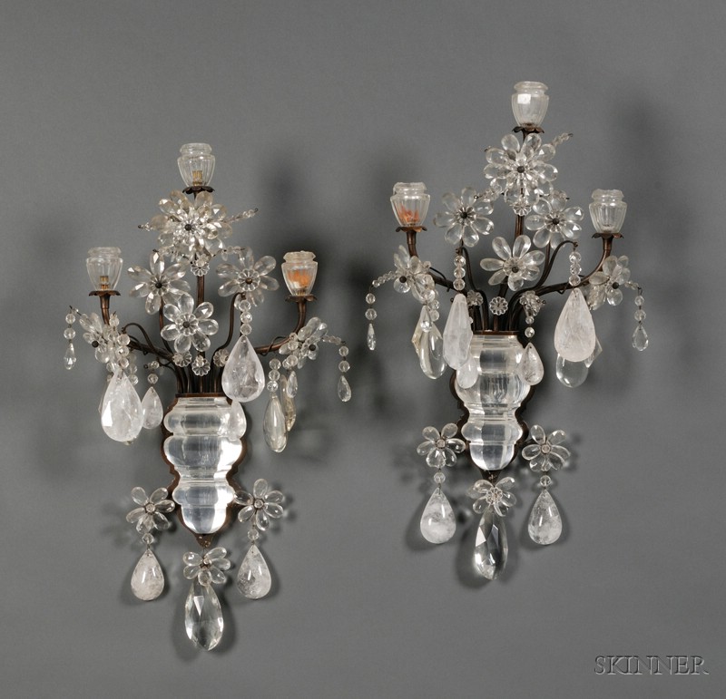 Appraisal: Pair of Baroque-style Rock Crystal and Colorless Glass Three Light