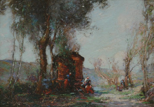 Appraisal: William Watt Milne - Gypsy Camp oil on panel signed