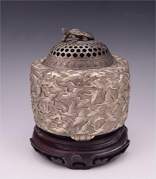 Appraisal: SIGNED JAPANESE THOUSAND CRANE COVERED JAR Reticulated lid surmounted by