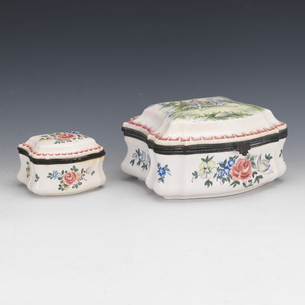 Appraisal: TWO FRENCH FAIENCE HAND PAINTED VANITY DRESSER BOXES VEUVE PERRIN