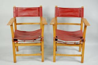 Appraisal: Pair Modern Wood Armchairs with Buckle Seats Pair of modern