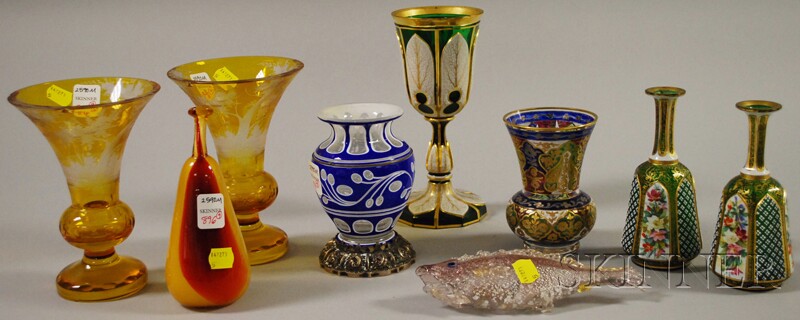 Appraisal: Nine Assorted Art Glass Items a pair of Bohemian gilt