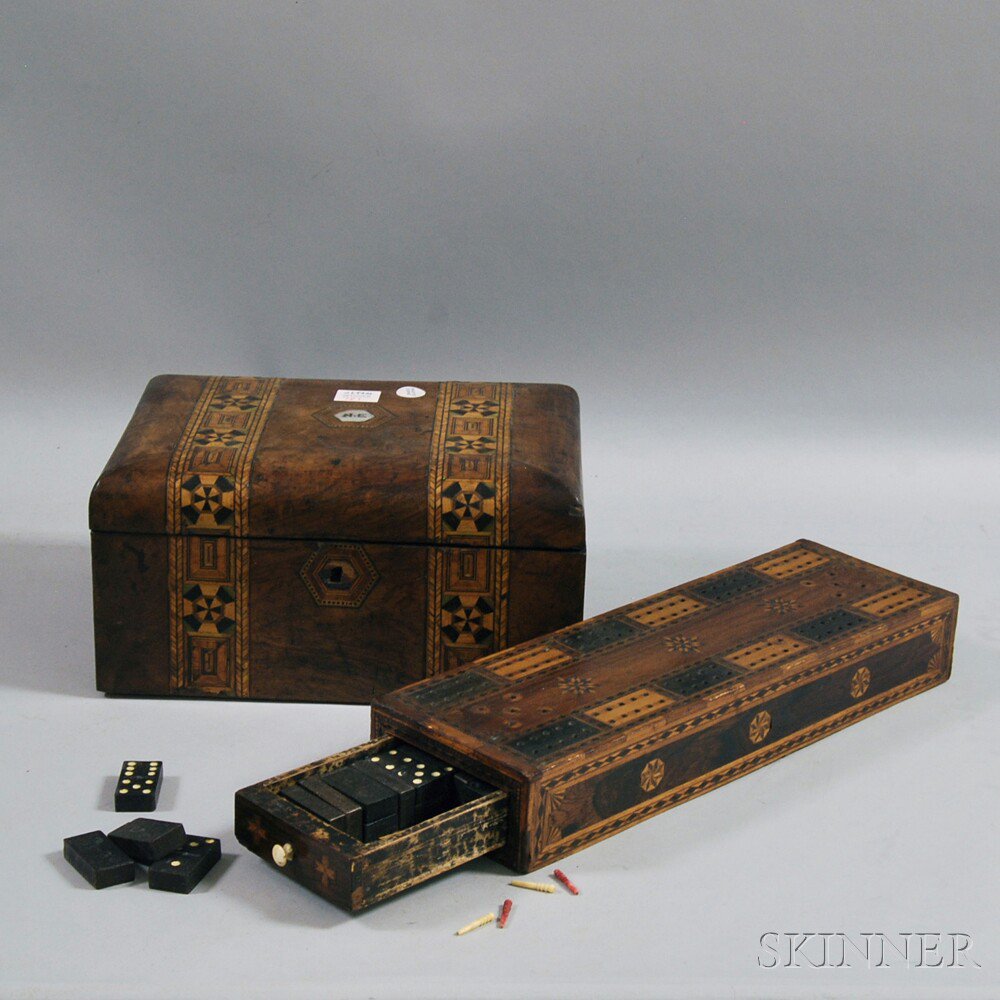 Appraisal: Inlaid Cribbage Box and Valuables Box th century the cribbage