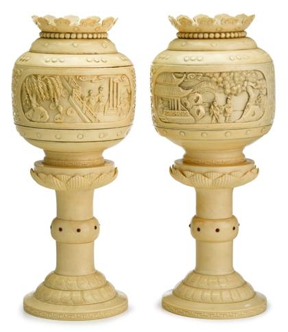 Appraisal: Unusual pair of Chinese carved elephant ivory lanterns th century