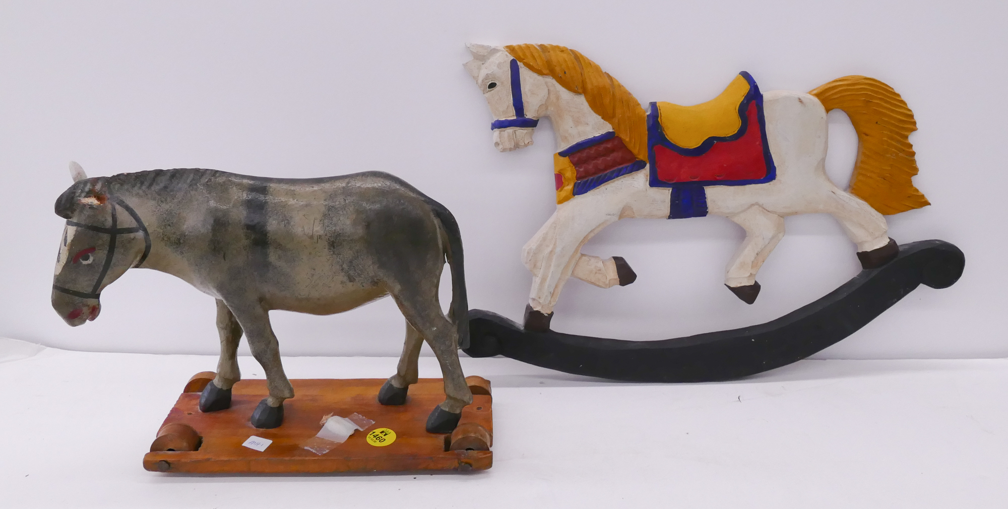 Appraisal: pc Old Wood Donkey Pull Toy Rocking Horse Plaque- largest