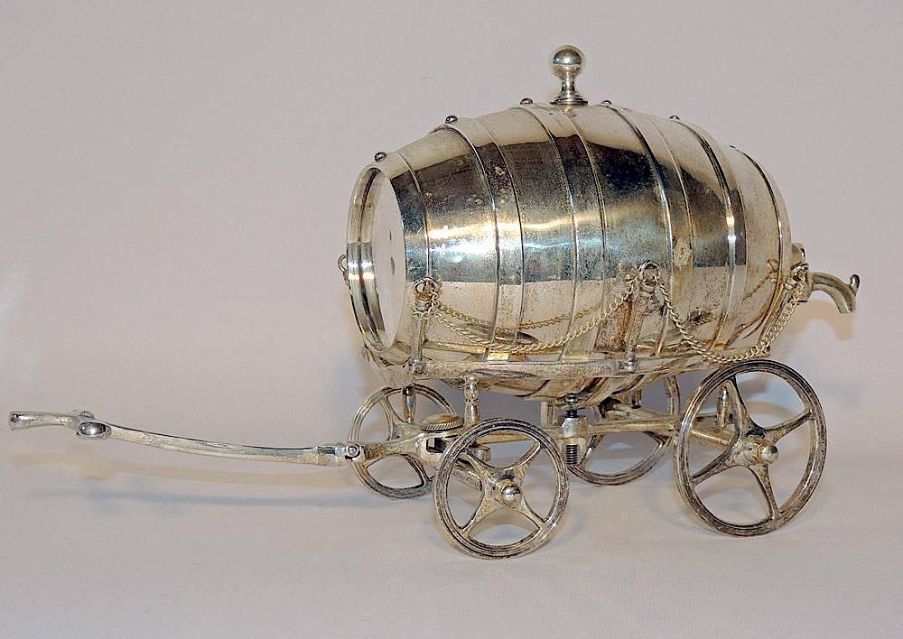 Appraisal: Silver Plated Wine Barrel Raised on cart tall x long