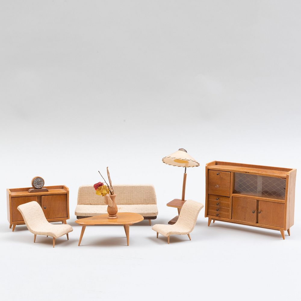 Appraisal: Miniature Suite of Mid-Century Wood Office Furniture Comprising Two side