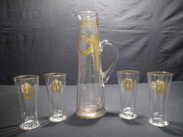 Appraisal: Fine crystal pitcher with four tumbler style glasses Gilt enamel