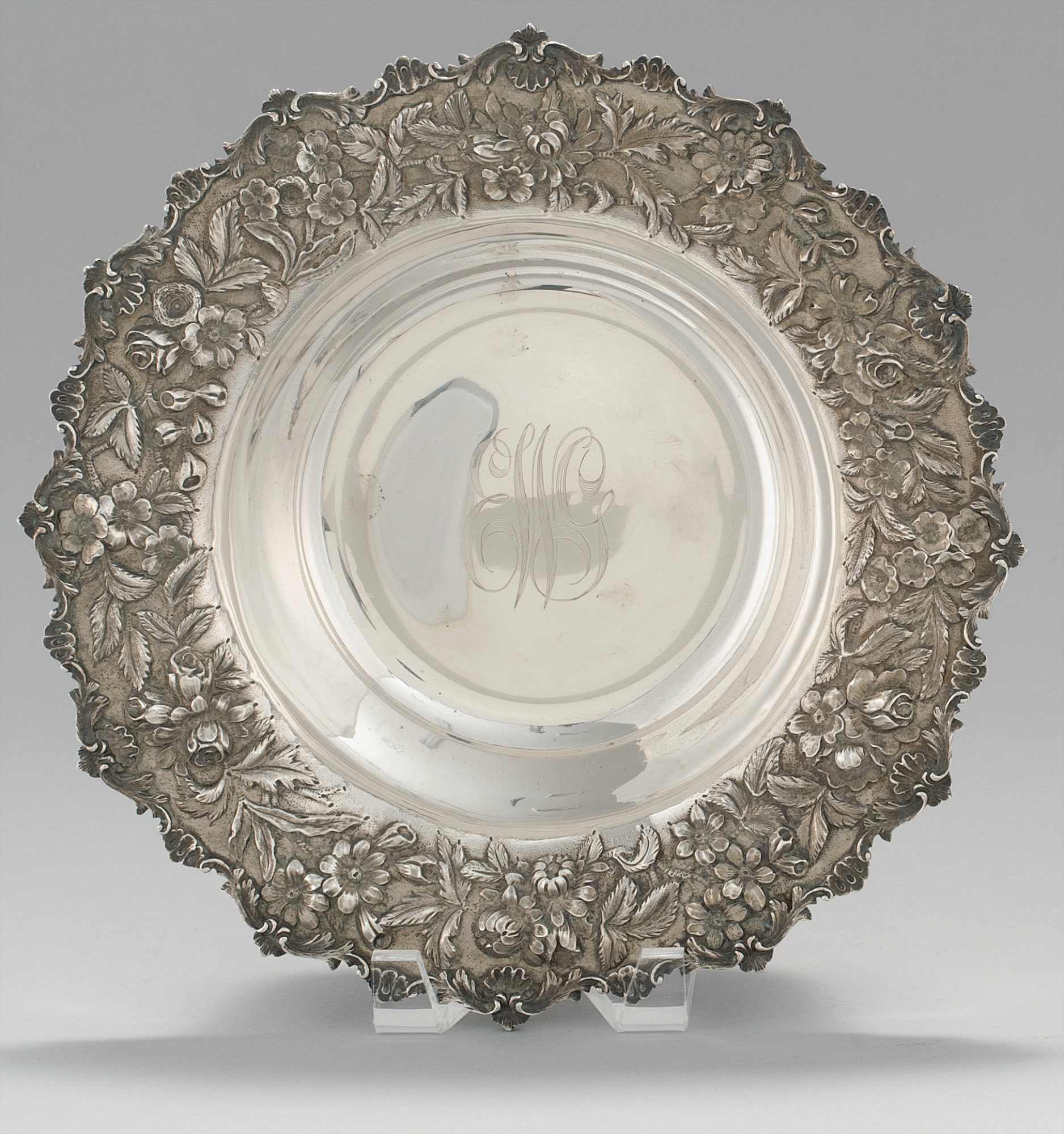 Appraisal: KIRK STERLING SILVER BOWL With repouss floral edge Monogrammed Marked