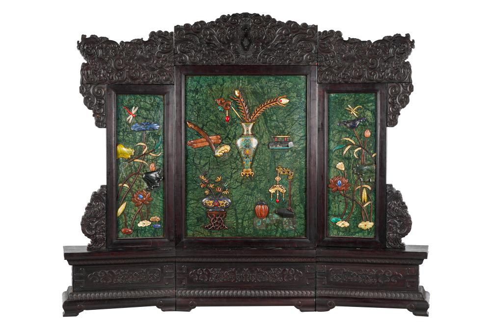 Appraisal: CHINESE INLAID THREE-PANEL TABLE SCREEN ON BASEmulti-section inches wide inches