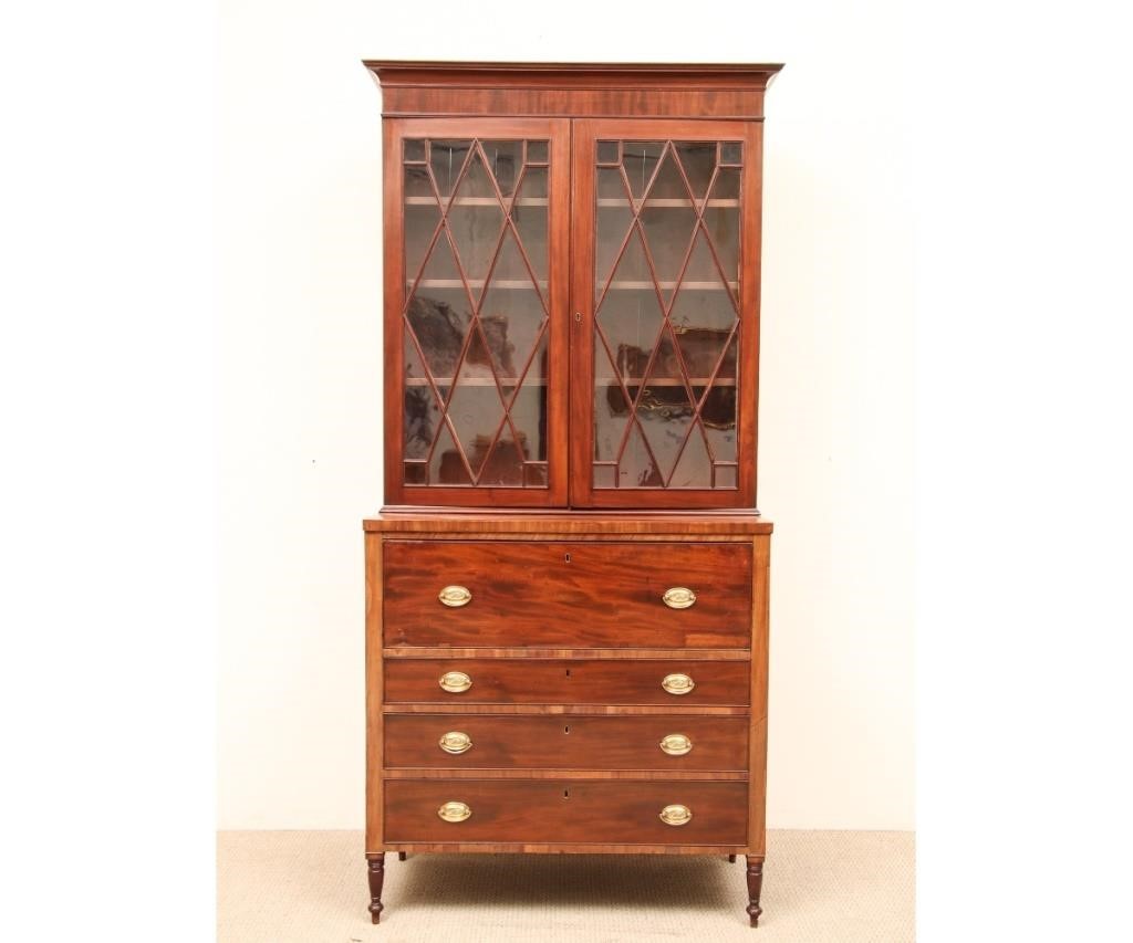 Appraisal: Sheraton two-piece butler's desk with cross-hatched mullioned glass doors above