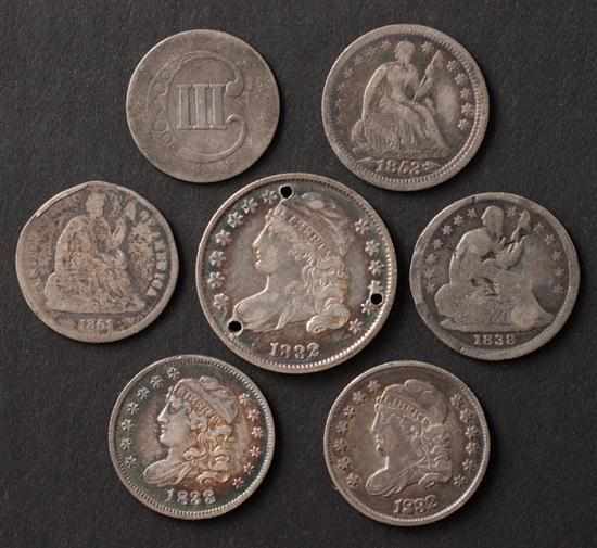 Appraisal: Five United States silver half dimes and two other silver