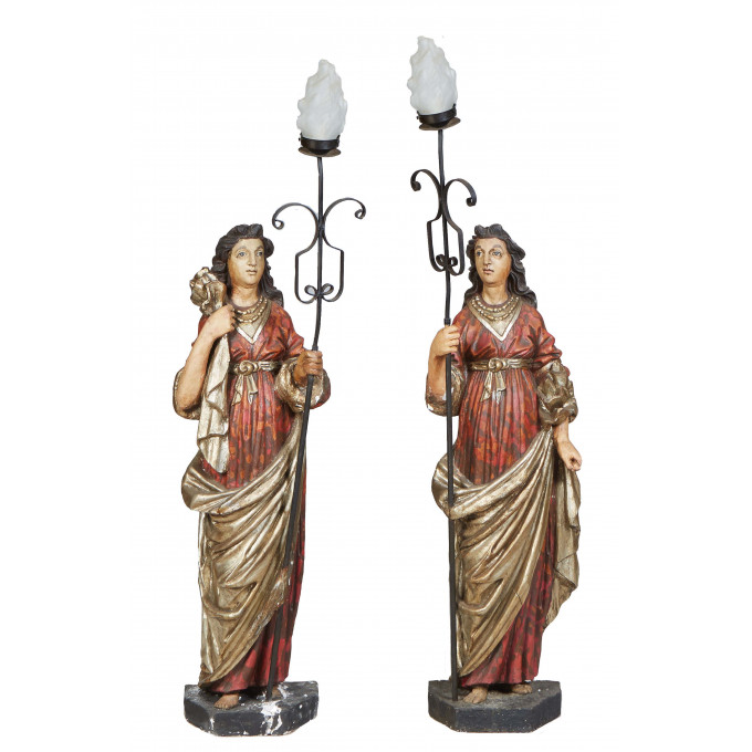 Appraisal: Pair of Large Polychromed Plaster Figural Torchere Lamps th c