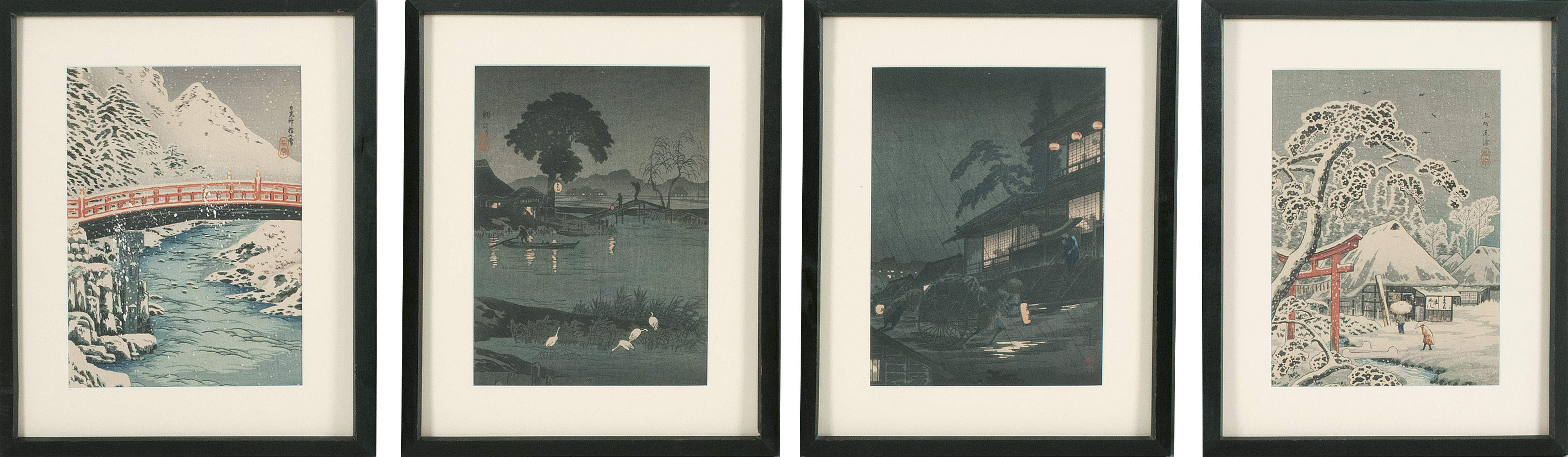 Appraisal: TAKAHASHI SHOTEI Four Koban Snow scene with red bridge Night