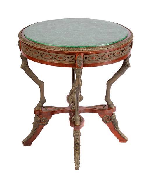 Appraisal: An Empire style bronze mounted table with a malachite top